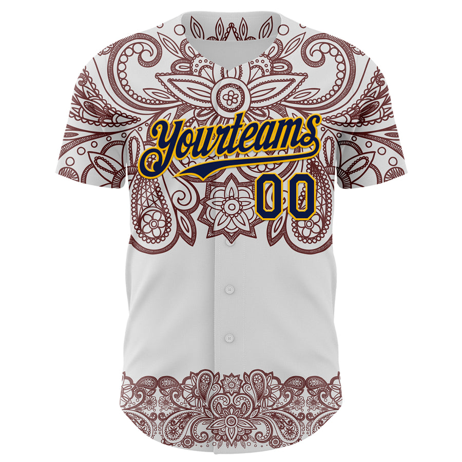 Custom White Navy Red-Yellow 3D Pattern Design Burner Costumes Paisley Bandana Authentic Baseball Jersey