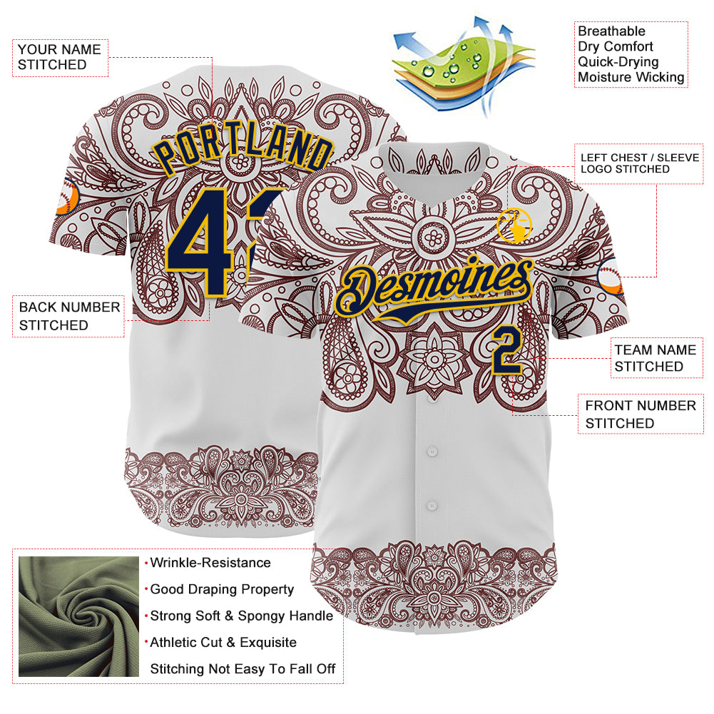 Custom White Navy Red-Yellow 3D Pattern Design Burner Costumes Paisley Bandana Authentic Baseball Jersey
