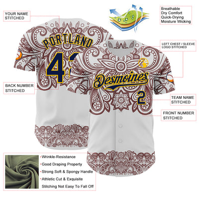 Custom White Navy Red-Yellow 3D Pattern Design Burner Costumes Paisley Bandana Authentic Baseball Jersey