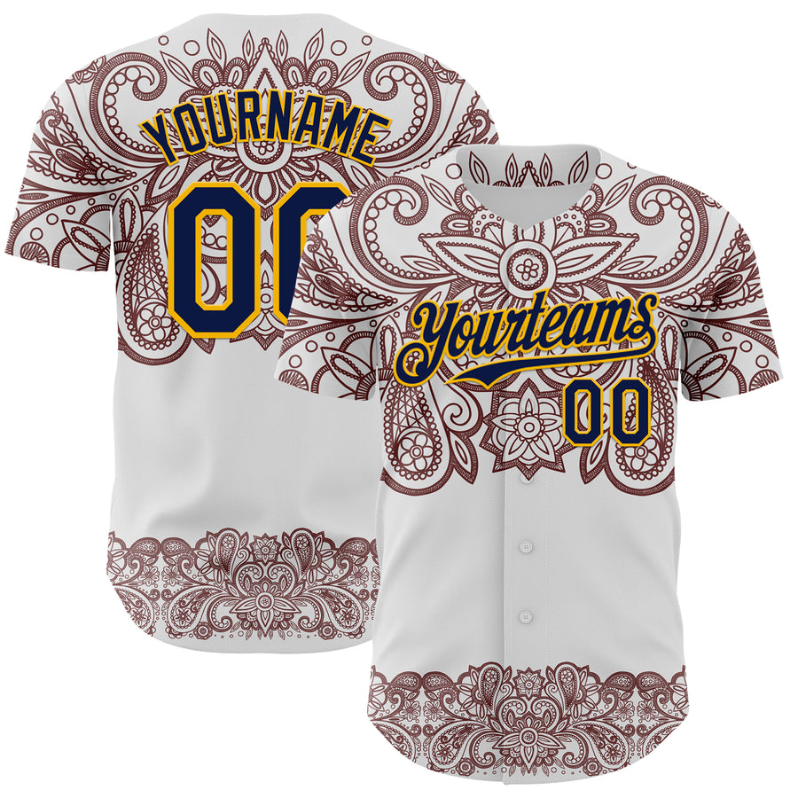 Custom White Navy Red-Yellow 3D Pattern Design Burner Costumes Paisley Bandana Authentic Baseball Jersey