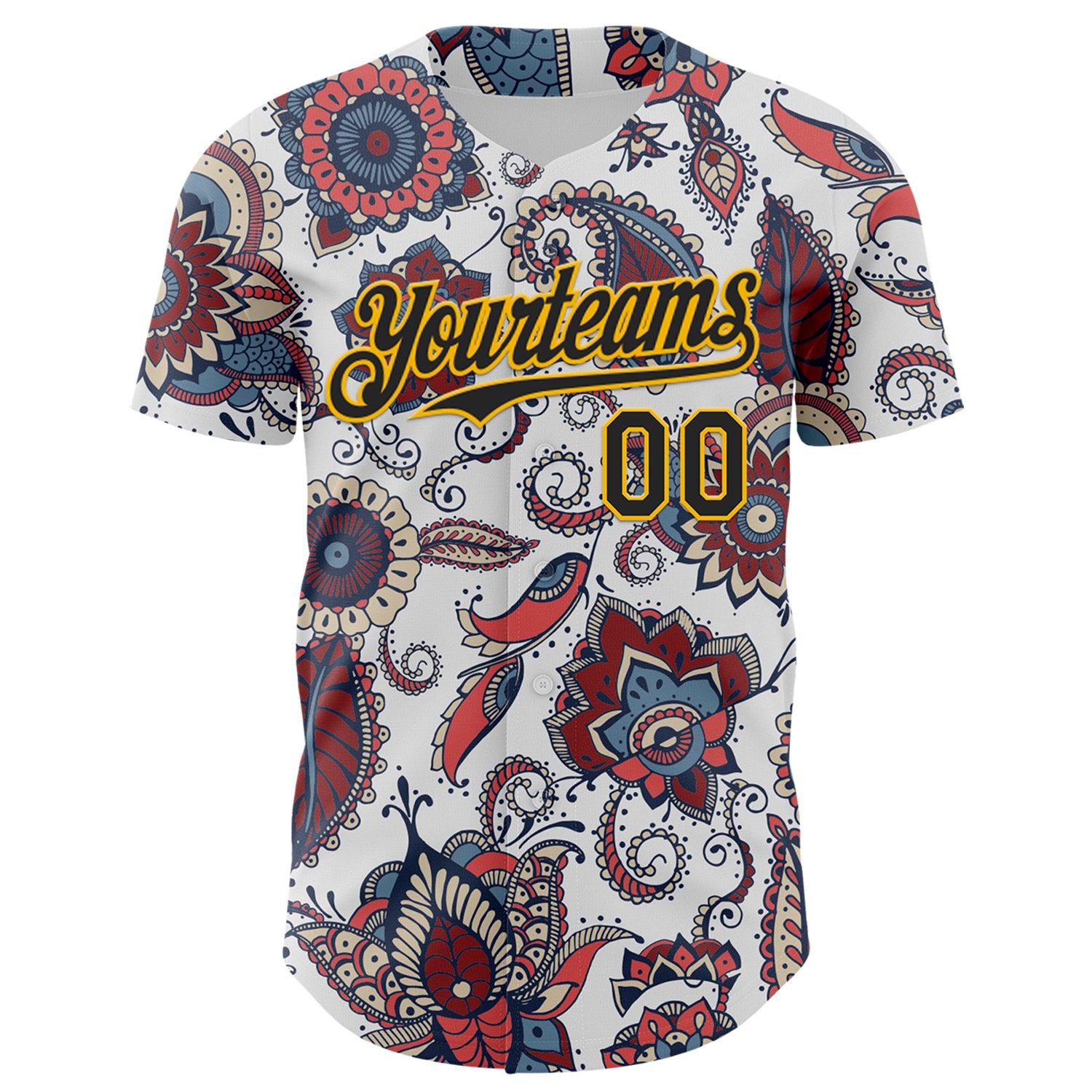 Custom White Black-Yellow 3D Pattern Design Burner Costumes Paisley Bandana Authentic Baseball Jersey