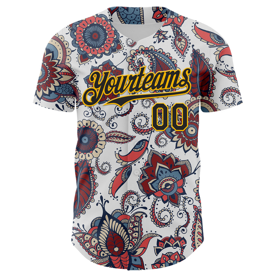 Custom White Black-Yellow 3D Pattern Design Burner Costumes Paisley Bandana Authentic Baseball Jersey