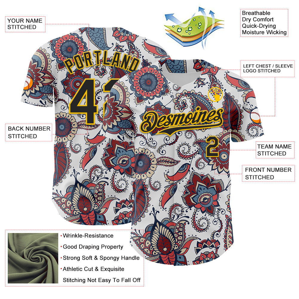 Custom White Black-Yellow 3D Pattern Design Burner Costumes Paisley Bandana Authentic Baseball Jersey