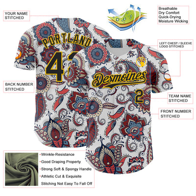 Custom White Black-Yellow 3D Pattern Design Burner Costumes Paisley Bandana Authentic Baseball Jersey