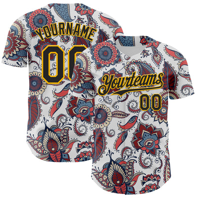 Custom White Black-Yellow 3D Pattern Design Burner Costumes Paisley Bandana Authentic Baseball Jersey
