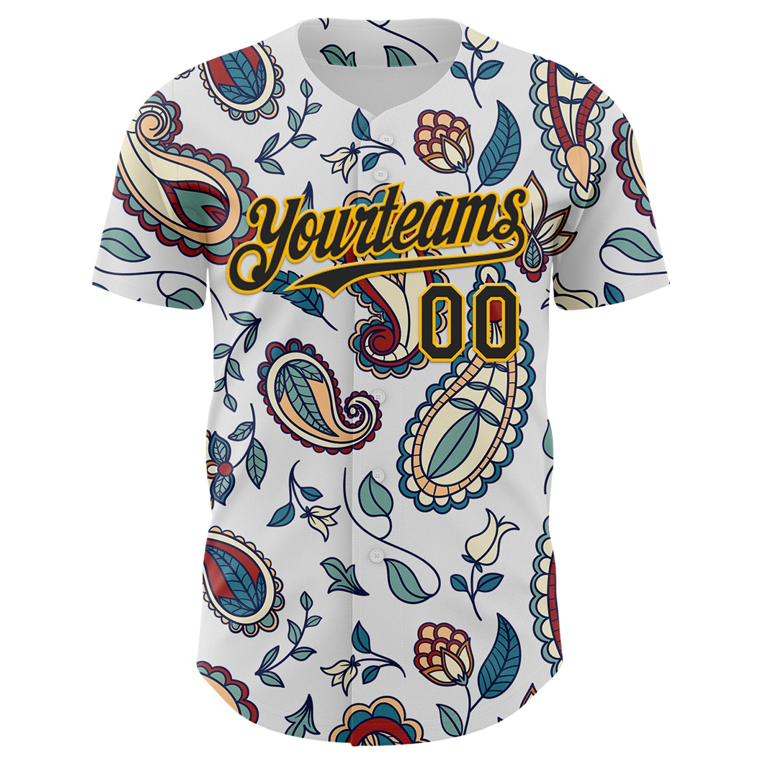 Custom White Black-Yellow 3D Pattern Design Burner Costumes Paisley Bandana Authentic Baseball Jersey