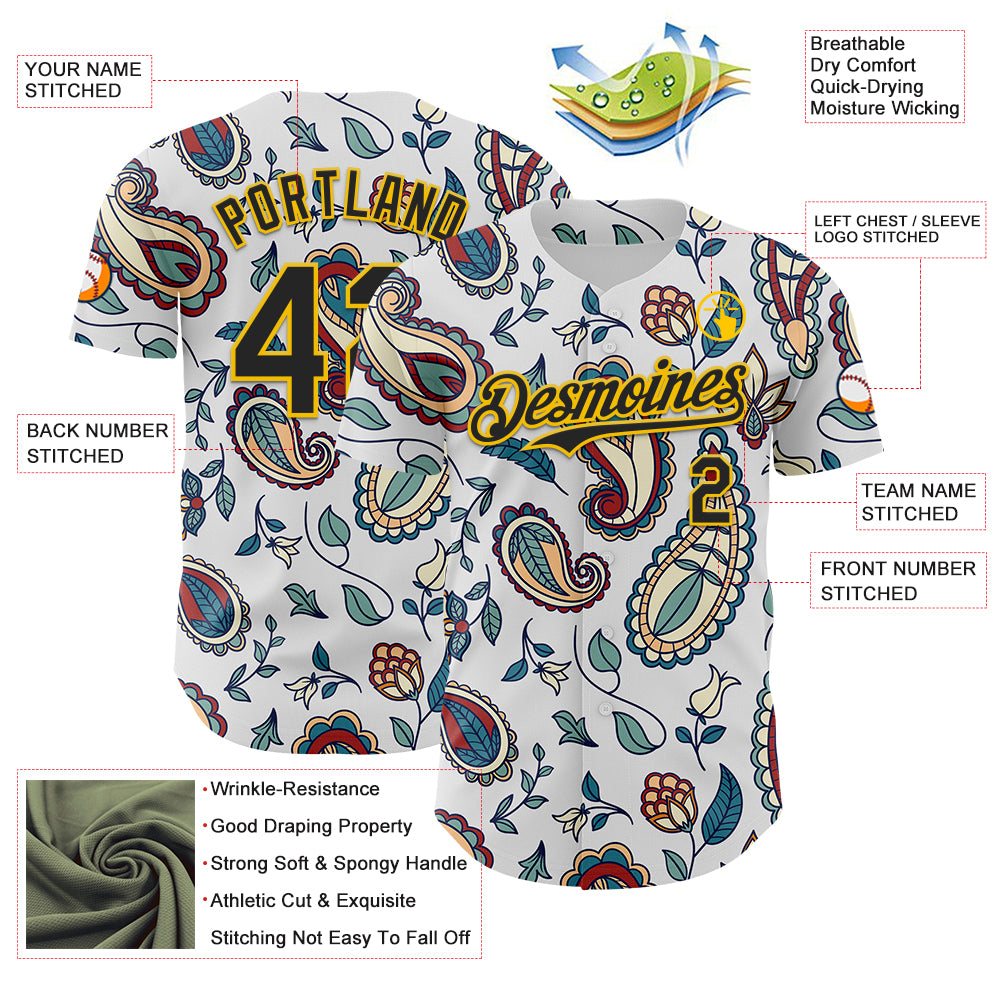 Custom White Black-Yellow 3D Pattern Design Burner Costumes Paisley Bandana Authentic Baseball Jersey