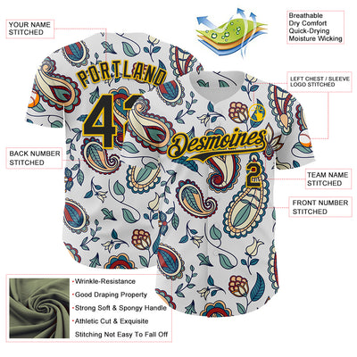 Custom White Black-Yellow 3D Pattern Design Burner Costumes Paisley Bandana Authentic Baseball Jersey