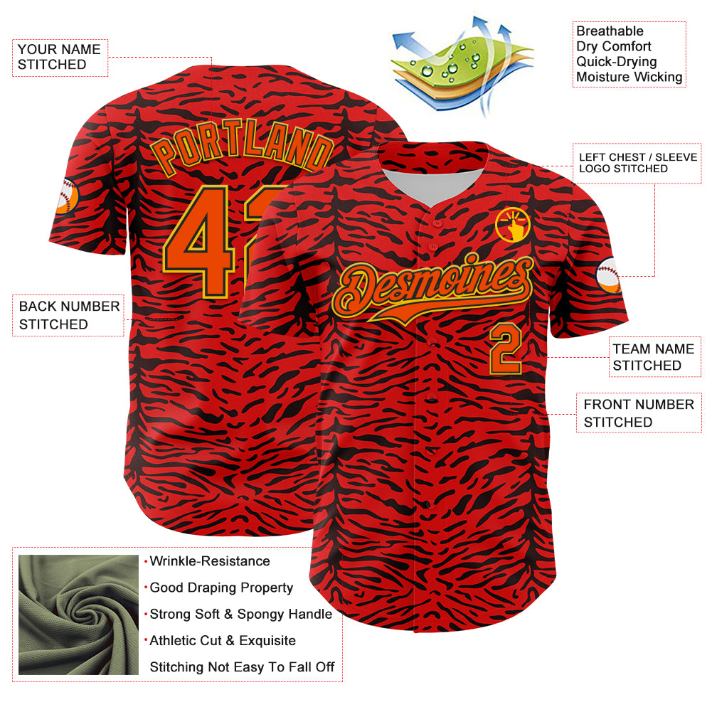 Custom Red Orange Black-Yellow 3D Pattern Design Burner Costumes Animal Tiger Print Authentic Baseball Jersey