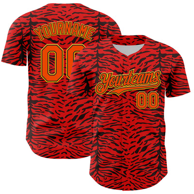 Custom Red Orange Black-Yellow 3D Pattern Design Burner Costumes Animal Tiger Print Authentic Baseball Jersey
