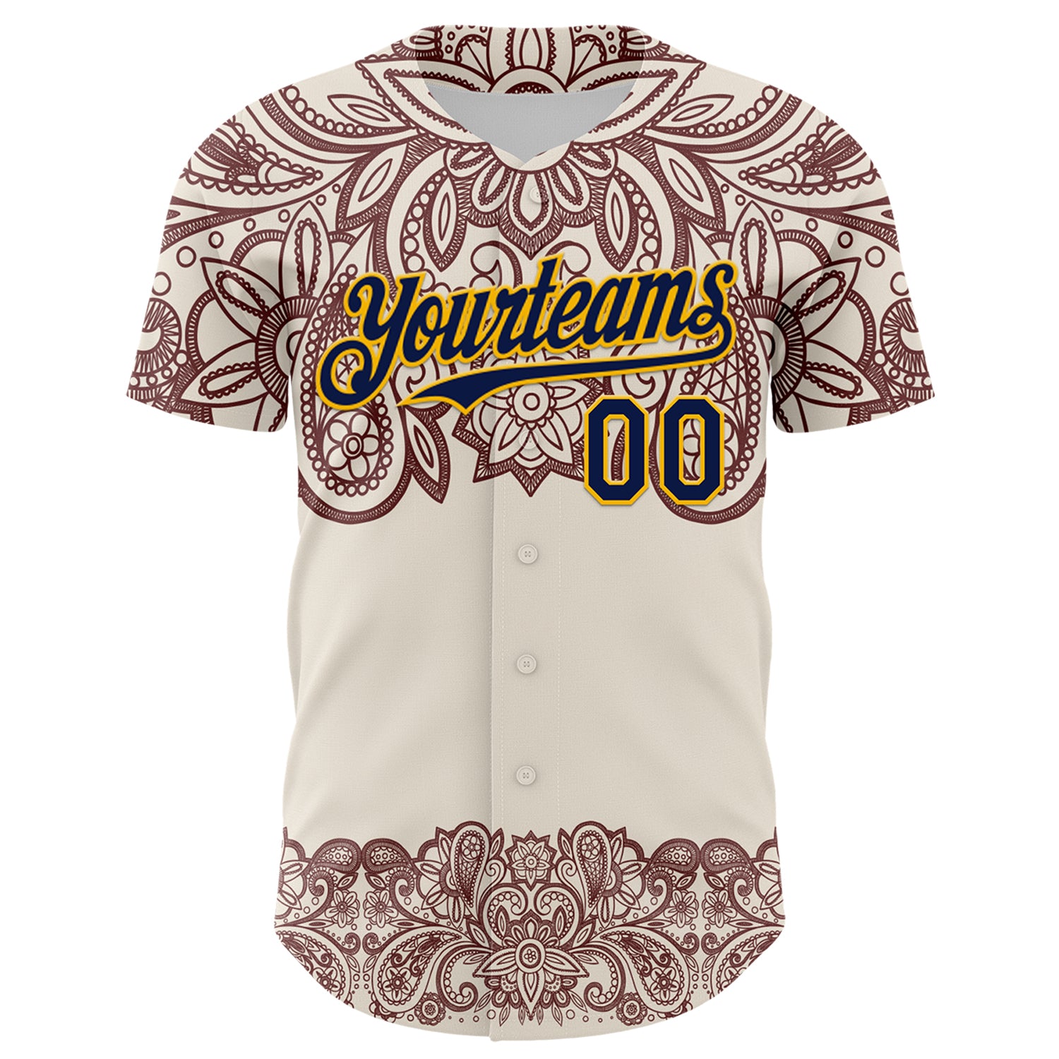 Custom Cream Navy Red-Yellow 3D Pattern Design Burner Costumes Paisley Bandana Authentic Baseball Jersey