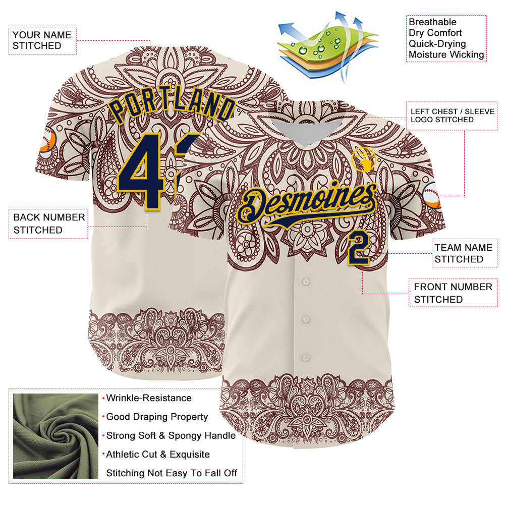 Custom Cream Navy Red-Yellow 3D Pattern Design Burner Costumes Paisley Bandana Authentic Baseball Jersey