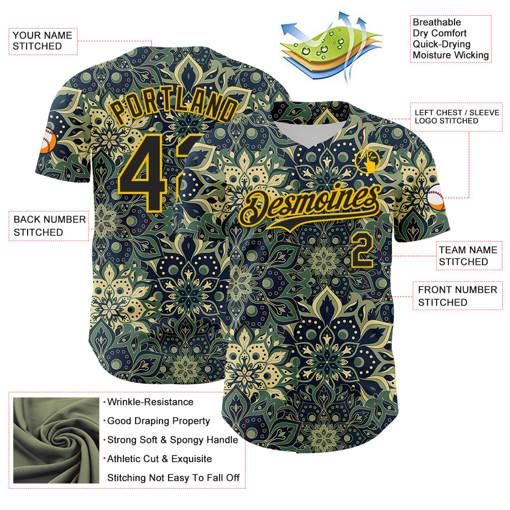 Custom Green Black-Yellow 3D Pattern Design Burner Costumes Paisley Bandana Authentic Baseball Jersey