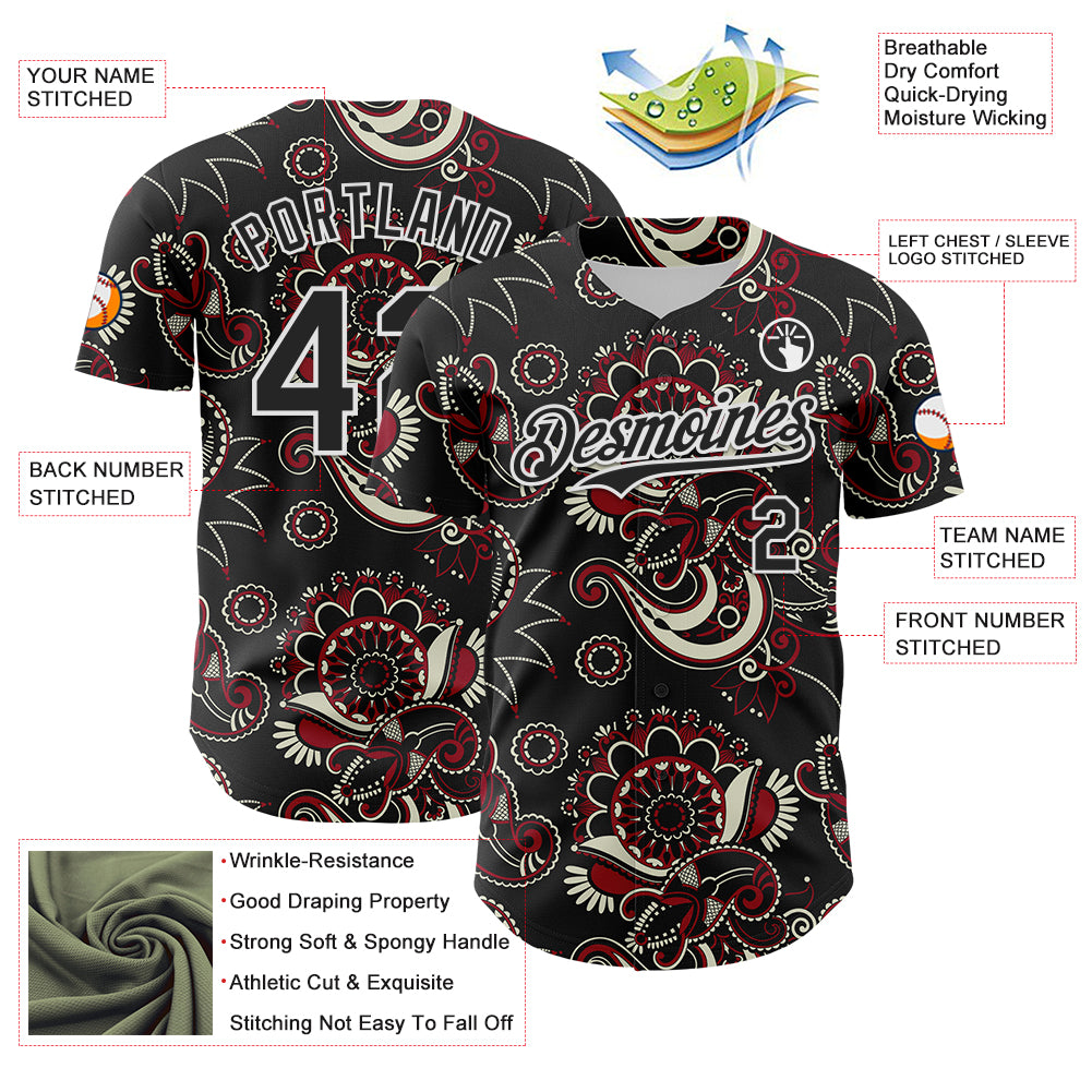 Custom Black White 3D Pattern Design Burner Costumes Paisley Bandana Authentic Baseball Jersey