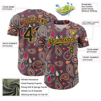 Custom Steel Gray Black-Yellow 3D Pattern Design Burner Costumes Paisley Bandana Authentic Baseball Jersey