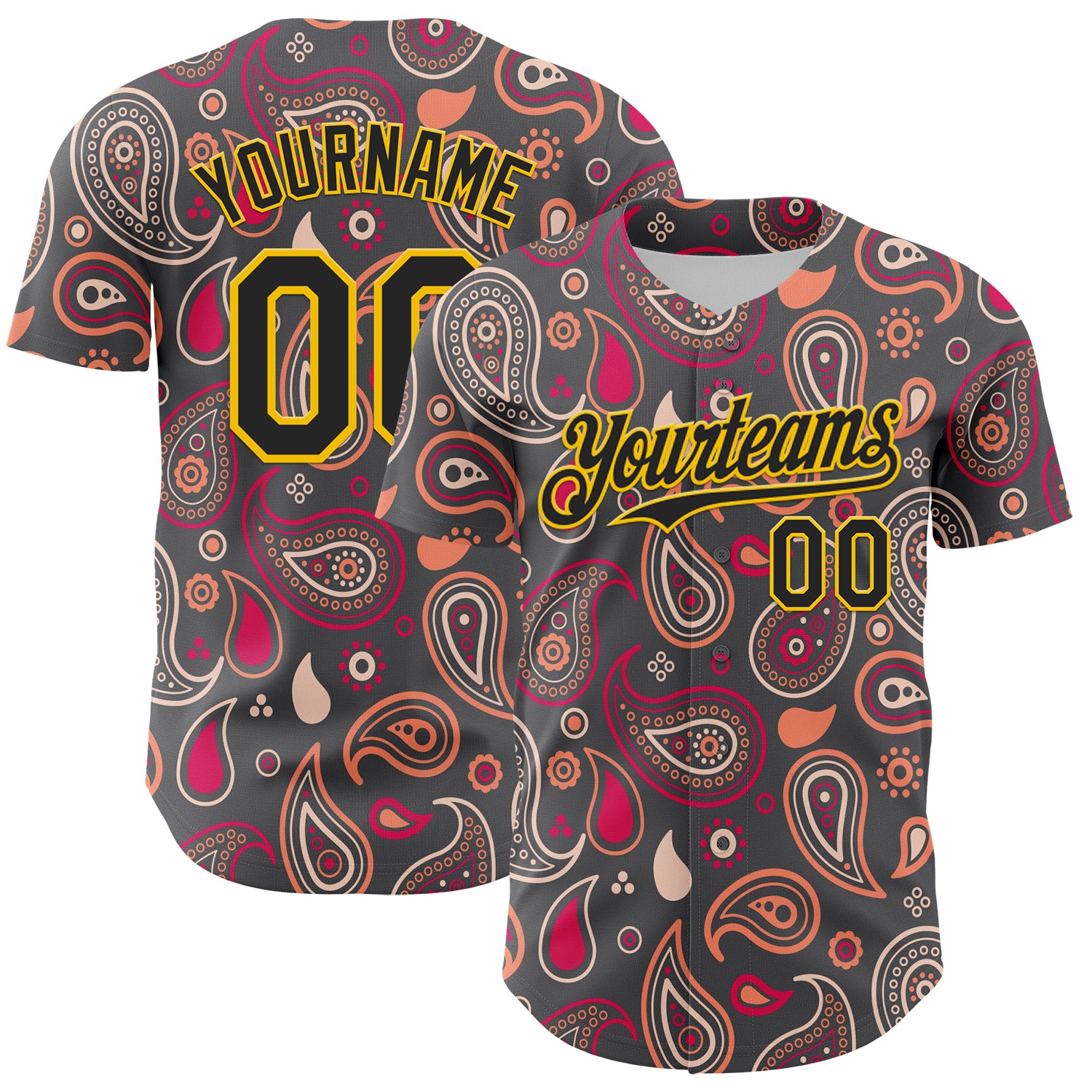 Custom Steel Gray Black-Yellow 3D Pattern Design Burner Costumes Paisley Bandana Authentic Baseball Jersey