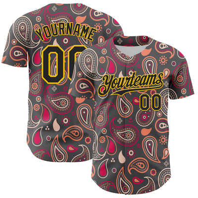 Custom Steel Gray Black-Yellow 3D Pattern Design Burner Costumes Paisley Bandana Authentic Baseball Jersey