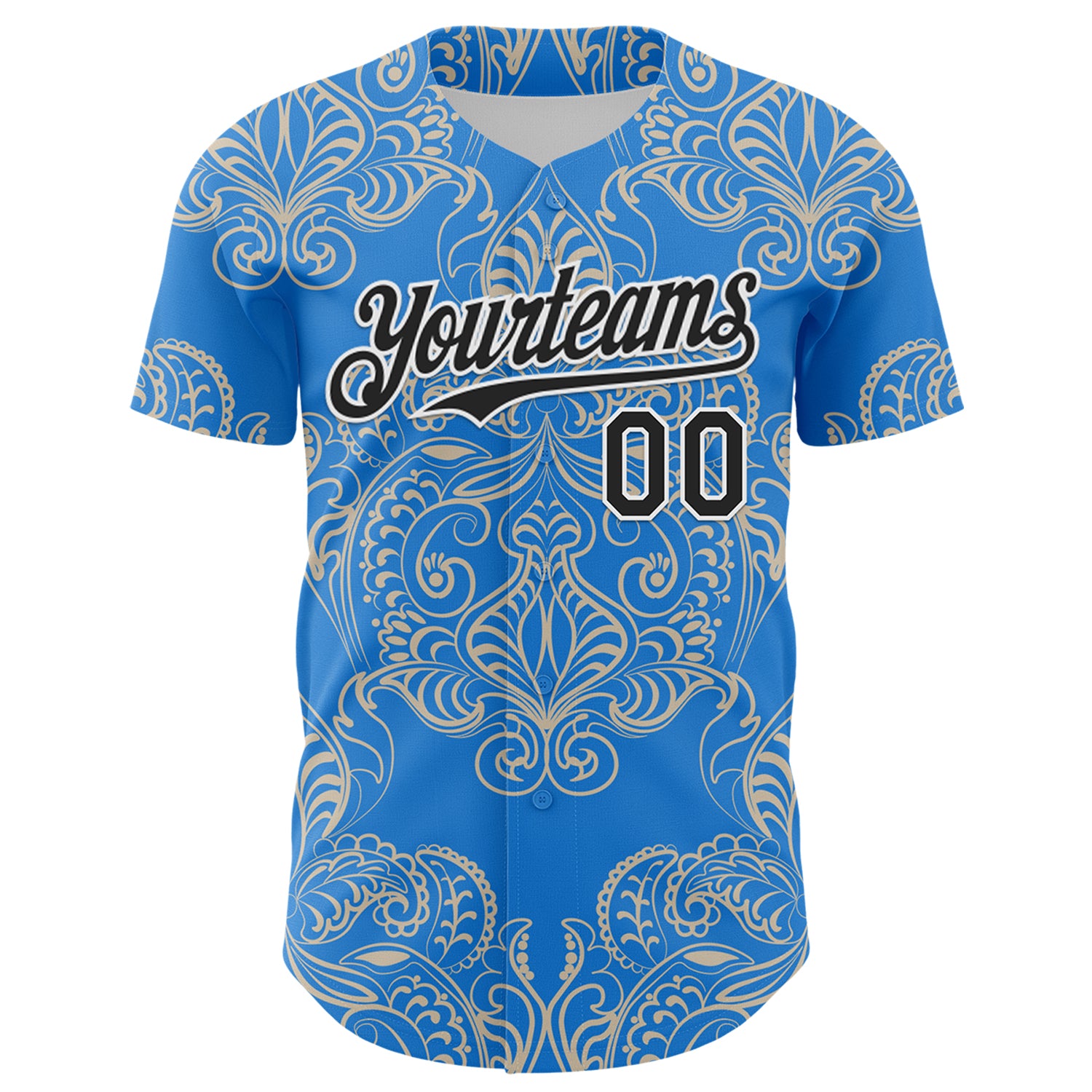 Custom Electric Blue Black-White 3D Pattern Design Burner Costumes Paisley Bandana Authentic Baseball Jersey