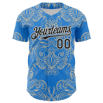 Custom Electric Blue Black-White 3D Pattern Design Burner Costumes Paisley Bandana Authentic Baseball Jersey