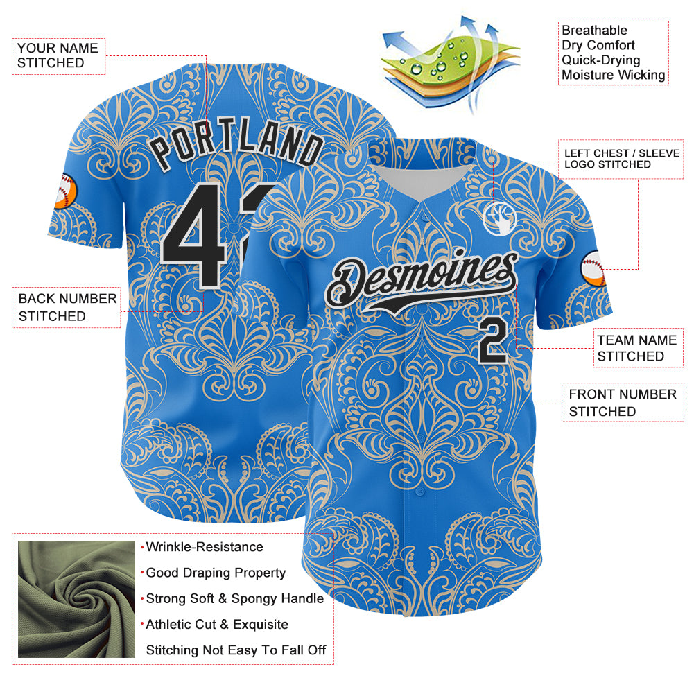 Custom Electric Blue Black-White 3D Pattern Design Burner Costumes Paisley Bandana Authentic Baseball Jersey