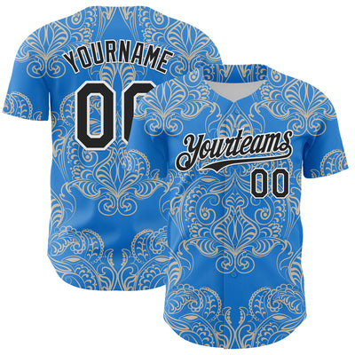 Custom Electric Blue Black-White 3D Pattern Design Burner Costumes Paisley Bandana Authentic Baseball Jersey