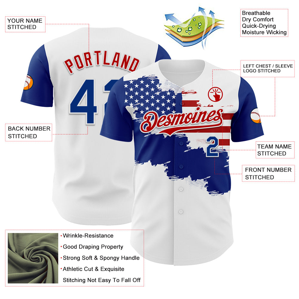 Custom White Royal-Red 3D American Flag Authentic Baseball Jersey