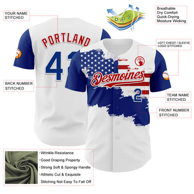 Custom White Royal-Red 3D American Flag Authentic Baseball Jersey