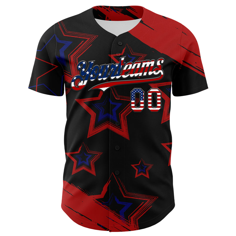 Custom Red USA Flag Black-Royal 3D America-Inspired Authentic Baseball Jersey