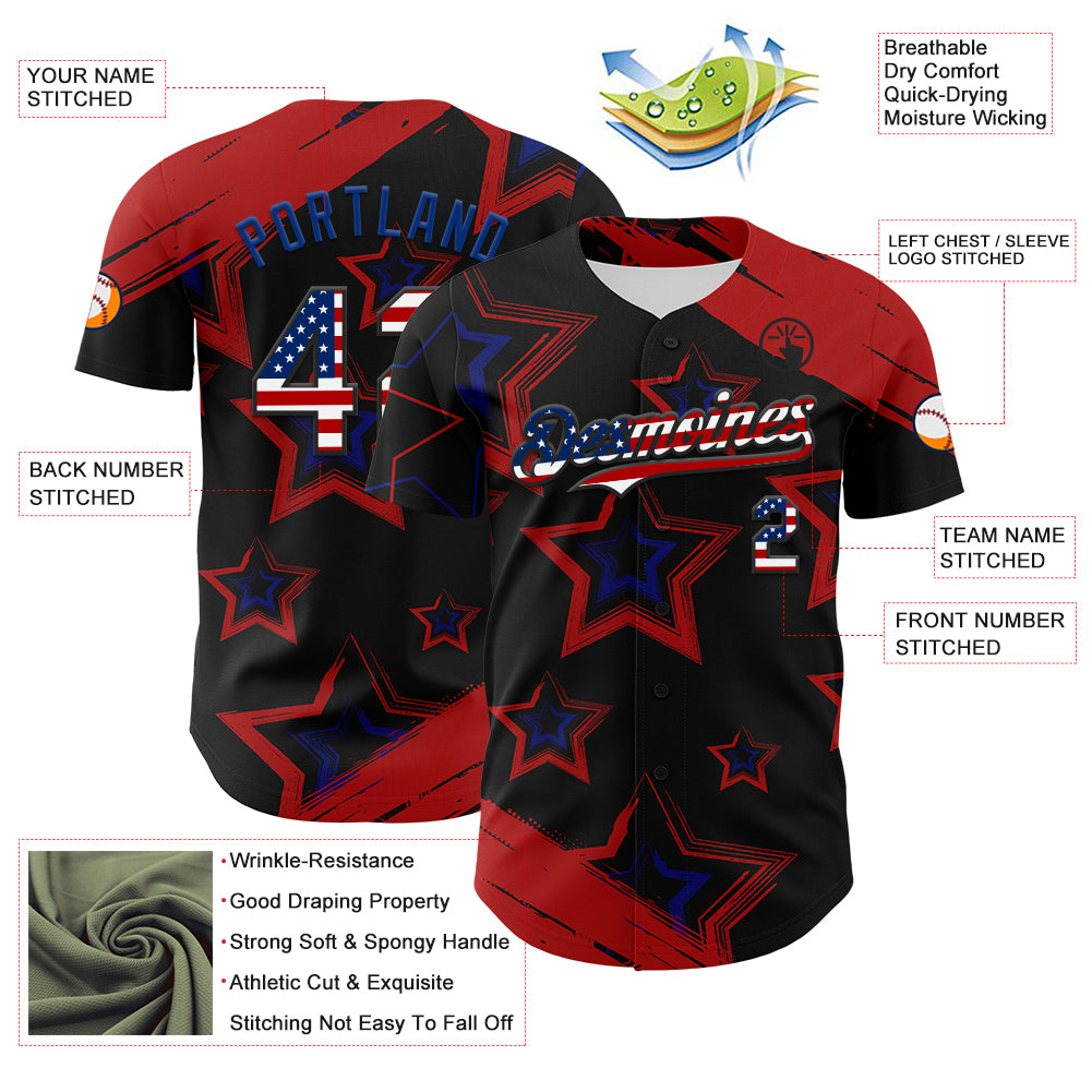 Custom Red USA Flag Black-Royal 3D America-Inspired Authentic Baseball Jersey