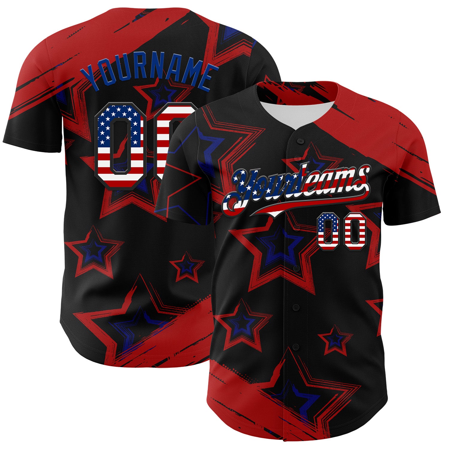 Custom Red USA Flag Black-Royal 3D America-Inspired Authentic Baseball Jersey