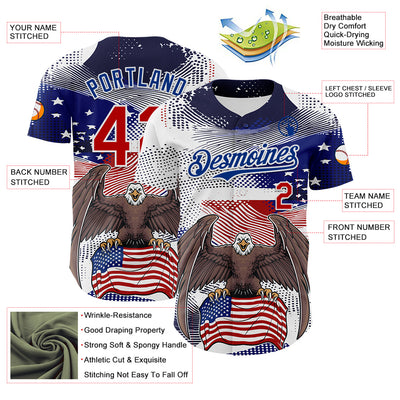 Custom White Red-Royal 3D American Flag National Symbols Bald Eagle Authentic Baseball Jersey