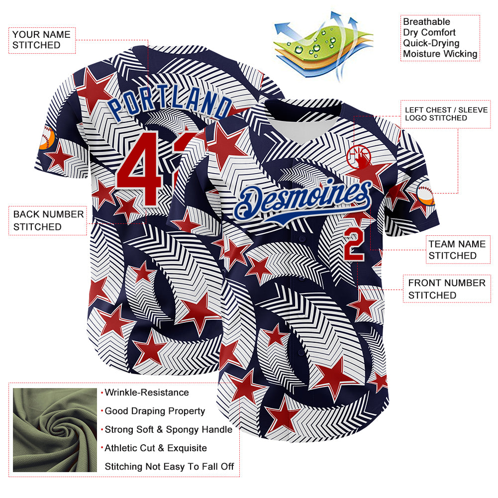 Custom White Red Navy-Royal 3D American Flag America-Inspired Authentic Baseball Jersey