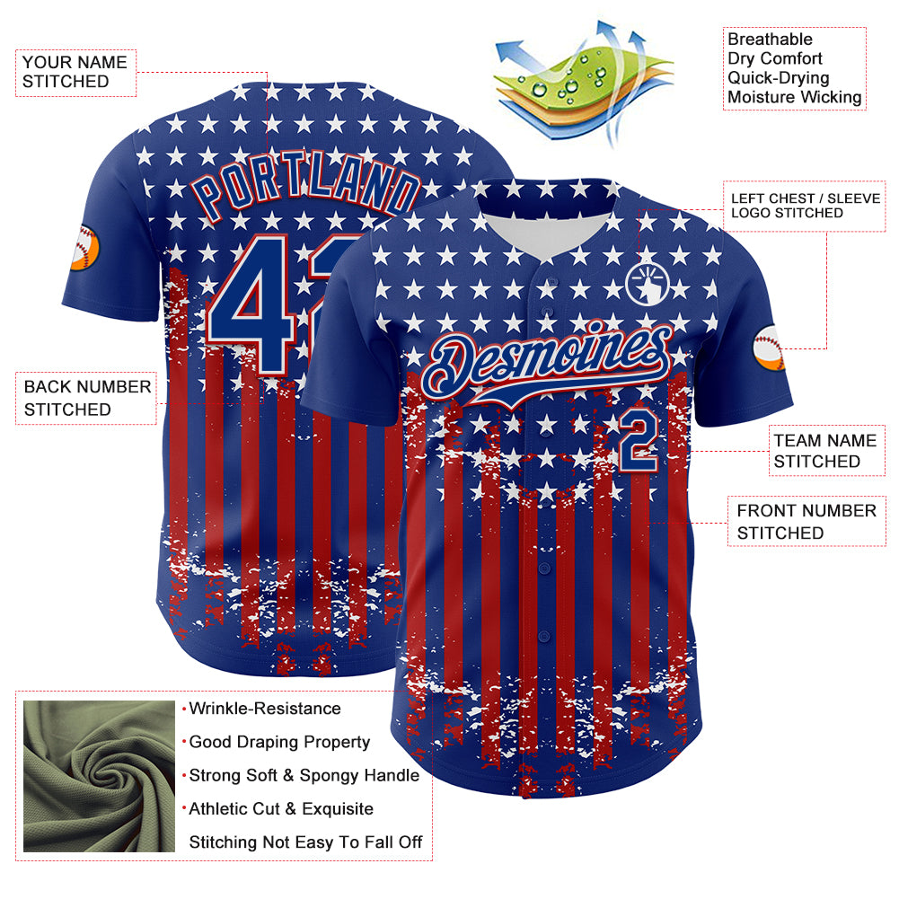 Custom Royal Red-White 3D Retro American Flag Authentic Baseball Jersey