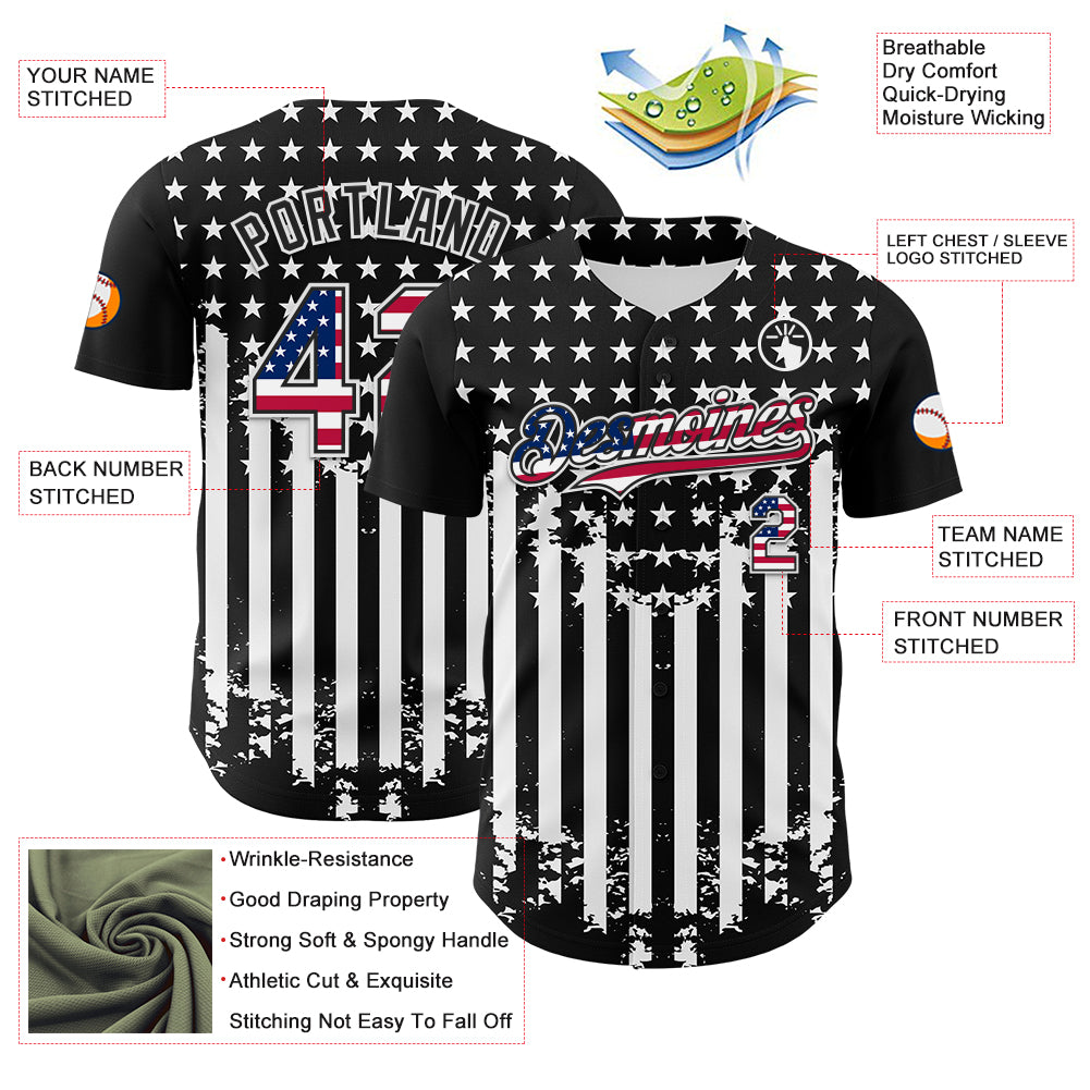 Custom Black USA Flag-White 3D Retro American Flag Authentic Baseball Jersey