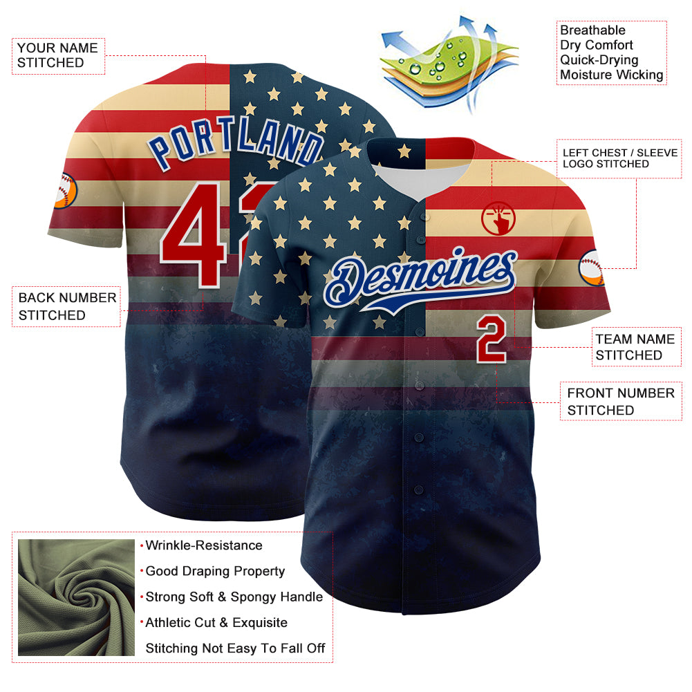 Custom Navy Red Royal-White 3D Gradient Retro American Flag Authentic Baseball Jersey