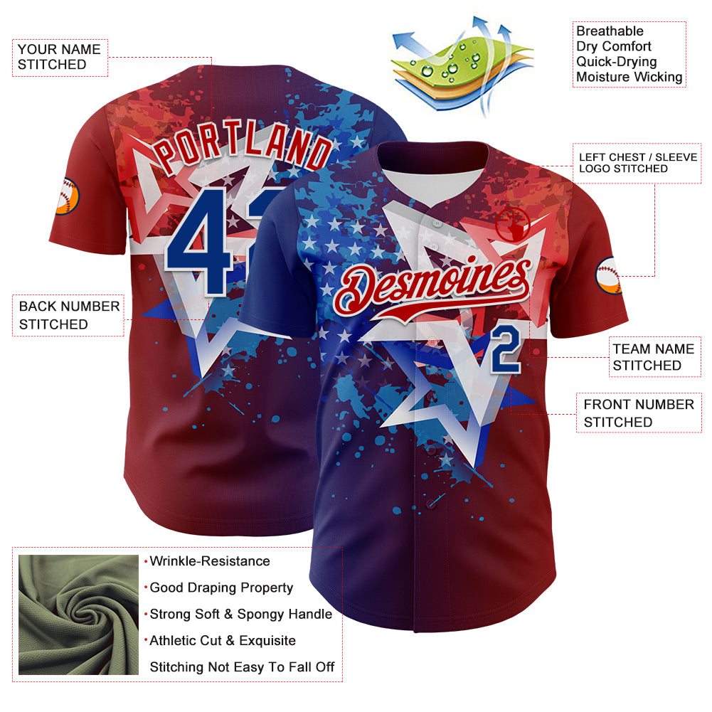 Custom Red Royal-White 3D Gradient American Flag America-Inspired Authentic Baseball Jersey