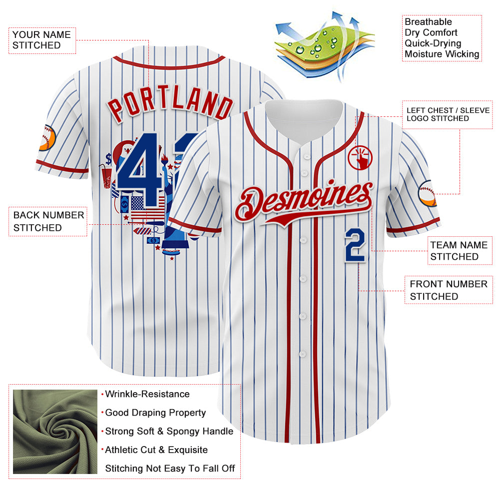 Custom White Blue Pinstripe Royal-Red 3D American Flag National Symbols Authentic Baseball Jersey