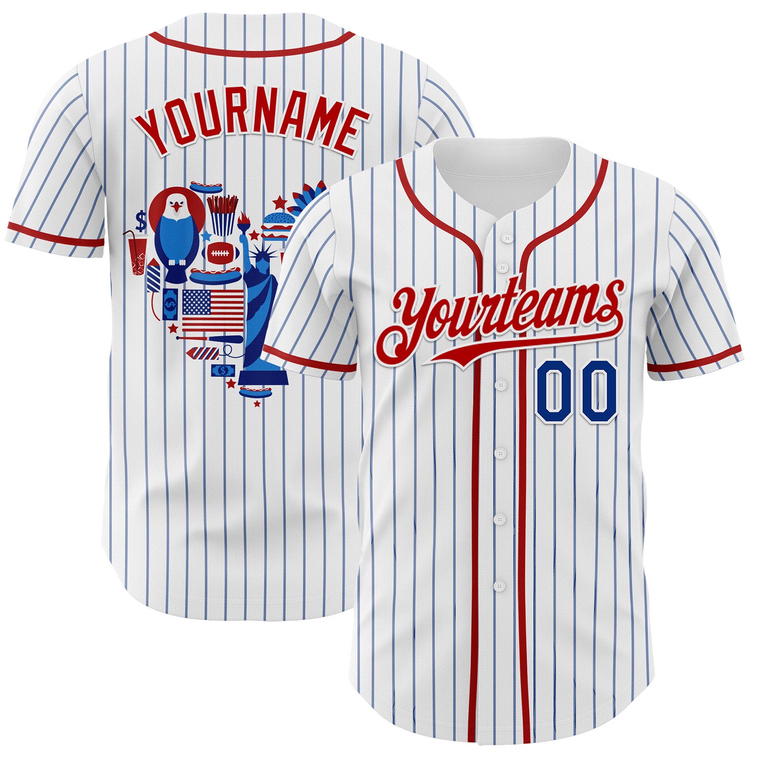 Custom White Blue Pinstripe Royal-Red 3D American Flag National Symbols Authentic Baseball Jersey
