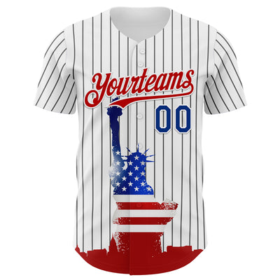 Custom White Black Pinstripe Royal-Red 3D American Flag Statue Of Liberty Authentic Baseball Jersey