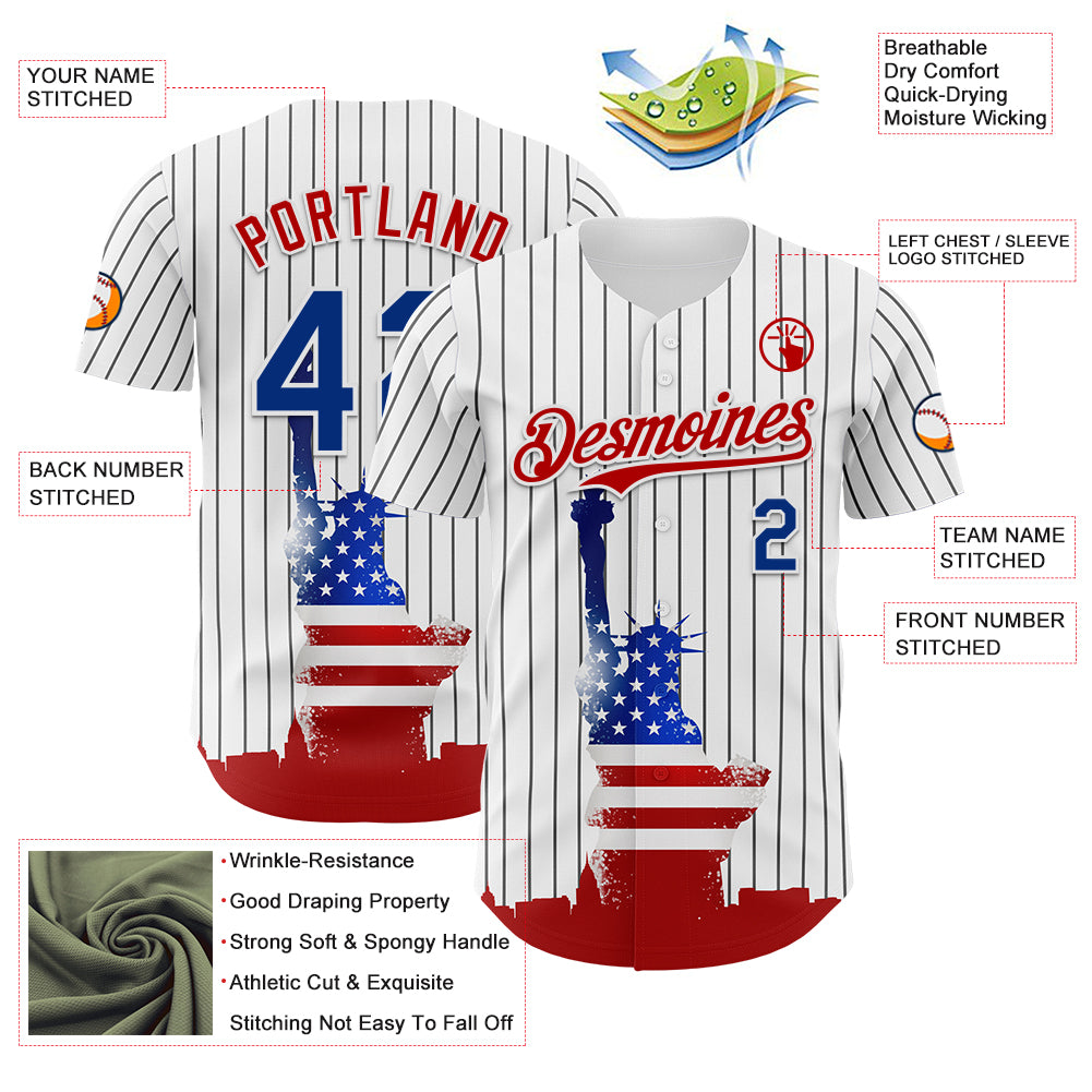 Custom White Black Pinstripe Royal-Red 3D American Flag Statue Of Liberty Authentic Baseball Jersey