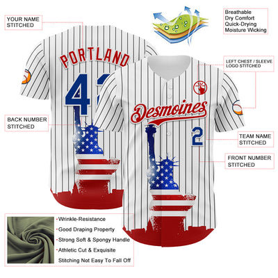 Custom White Black Pinstripe Royal-Red 3D American Flag Statue Of Liberty Authentic Baseball Jersey
