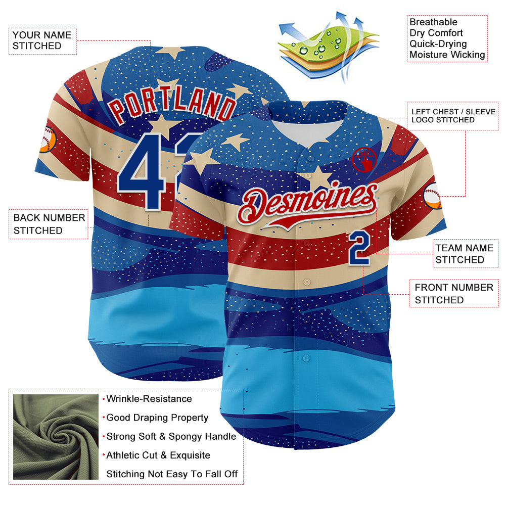Custom Blue Royal Red-White 3D Retro American Flag Authentic Baseball Jersey