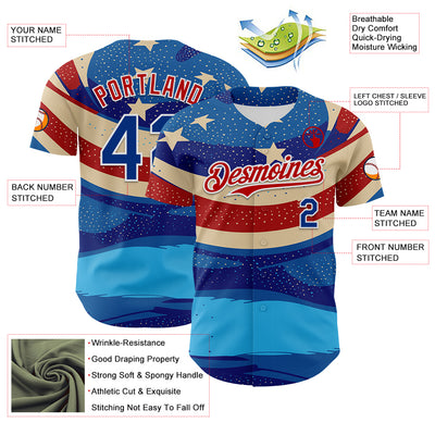 Custom Blue Royal Red-White 3D Retro American Flag Authentic Baseball Jersey