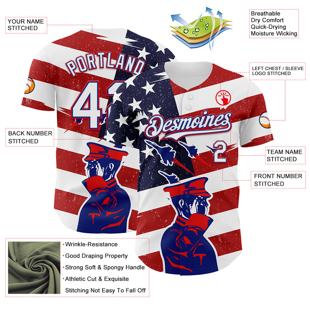 Custom White Royal-Fire Red 3D Retro American Flag Salute Authentic Baseball Jersey