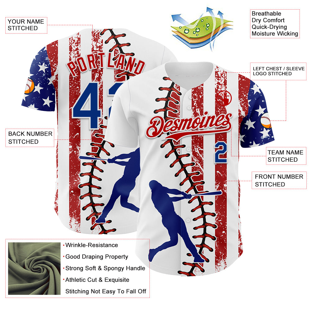 Custom White Royal-Red 3D American Flag Authentic Baseball Jersey