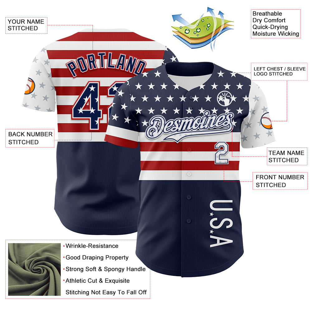 Custom Navy Star Red-White 3D American Flag Authentic Baseball Jersey