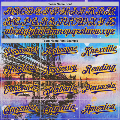 Custom Blue Dark Purple-Gold 3D Pattern Design Manhattan Bridge New York Sunset Authentic Baseball Jersey