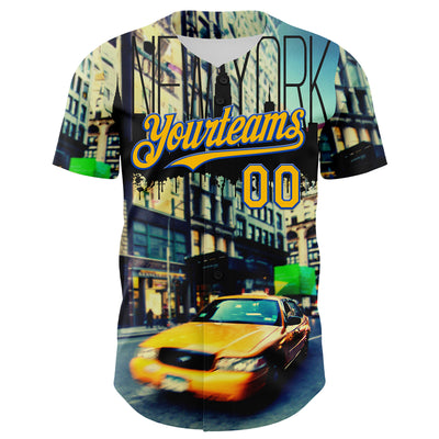 Custom Green Gold-Thunder Blue 3D Pattern Design New York Cityscape Statue Of Liberty Authentic Baseball Jersey