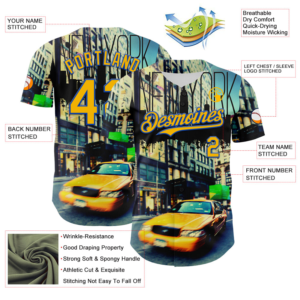 Custom Green Gold-Thunder Blue 3D Pattern Design New York Cityscape Statue Of Liberty Authentic Baseball Jersey