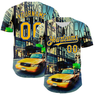 Custom Green Gold-Thunder Blue 3D Pattern Design New York Cityscape Statue Of Liberty Authentic Baseball Jersey